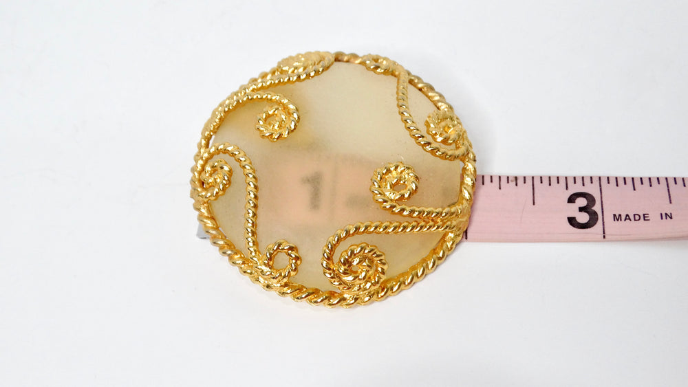 1980s Escada Large Matte Resin Clip-On Earrings With Ornate Gold Tone Detailing