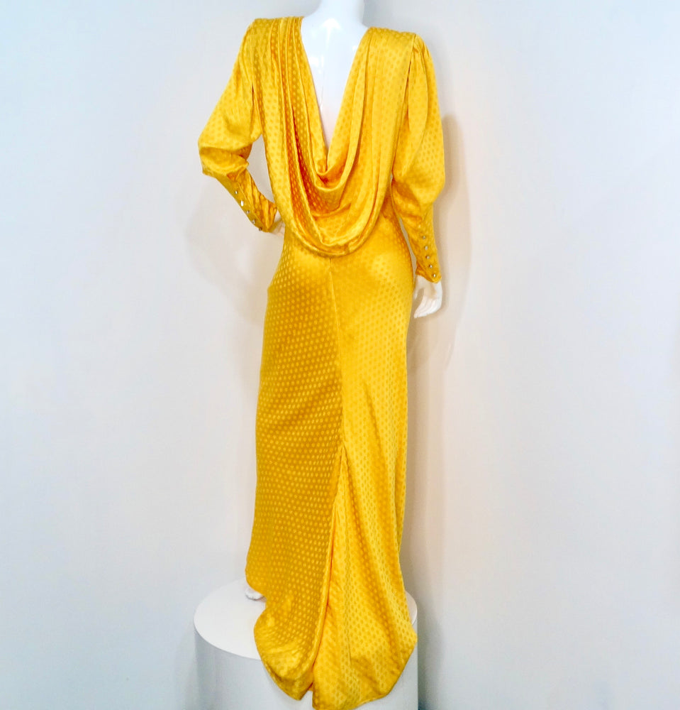 Emanul Ungaro Vintage 1970s Yellow Polka-dot Draped Silk Gown