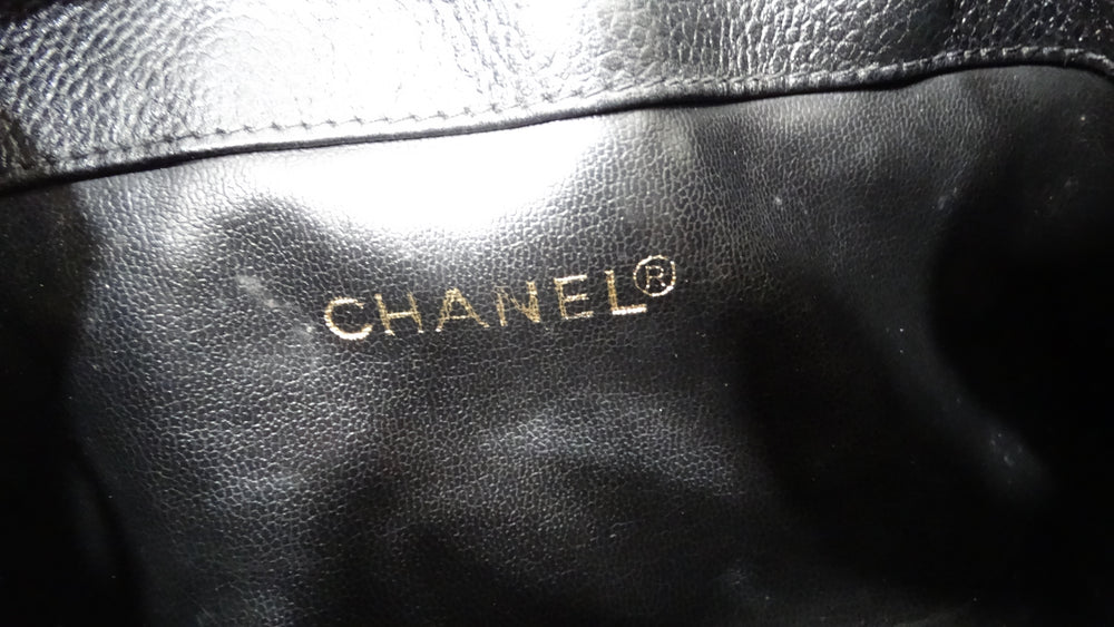 Chanel 1992 Black Caviar Leather Triple Interlocking CC Drawstring Shoulder Bag