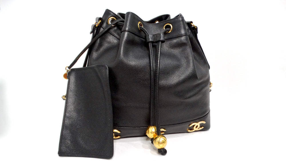 Chanel 1992 Black Caviar Leather Triple Interlocking CC Drawstring Shoulder Bag