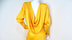 Emanul Ungaro Vintage 1970s Yellow Polka-dot Draped Silk Gown