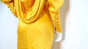 Emanul Ungaro Vintage 1970s Yellow Polka-dot Draped Silk Gown