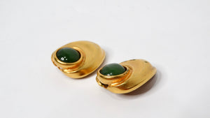 1980s Green Cabochon Gold Tone Clip-On Earrings