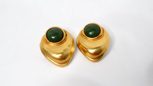1980s Green Cabochon Gold Tone Clip-On Earrings