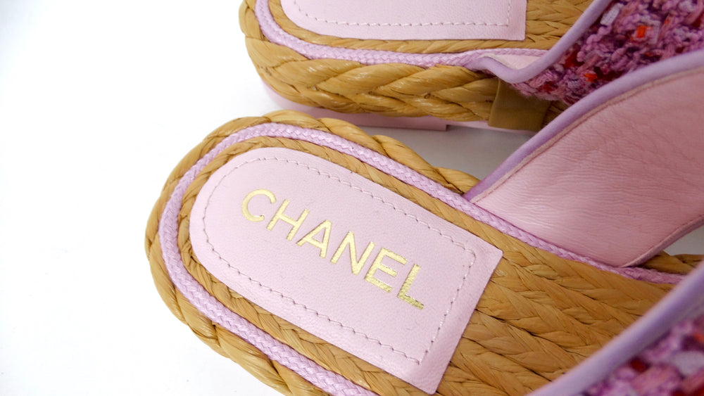 Chanel 2020 Light Purple & Pink Tweed & Mesh Thong Sandals