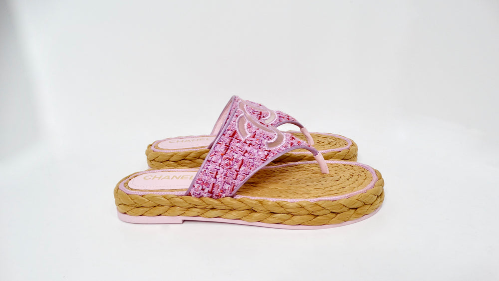 Chanel 2020 Light Purple & Pink Tweed & Mesh Thong Sandals