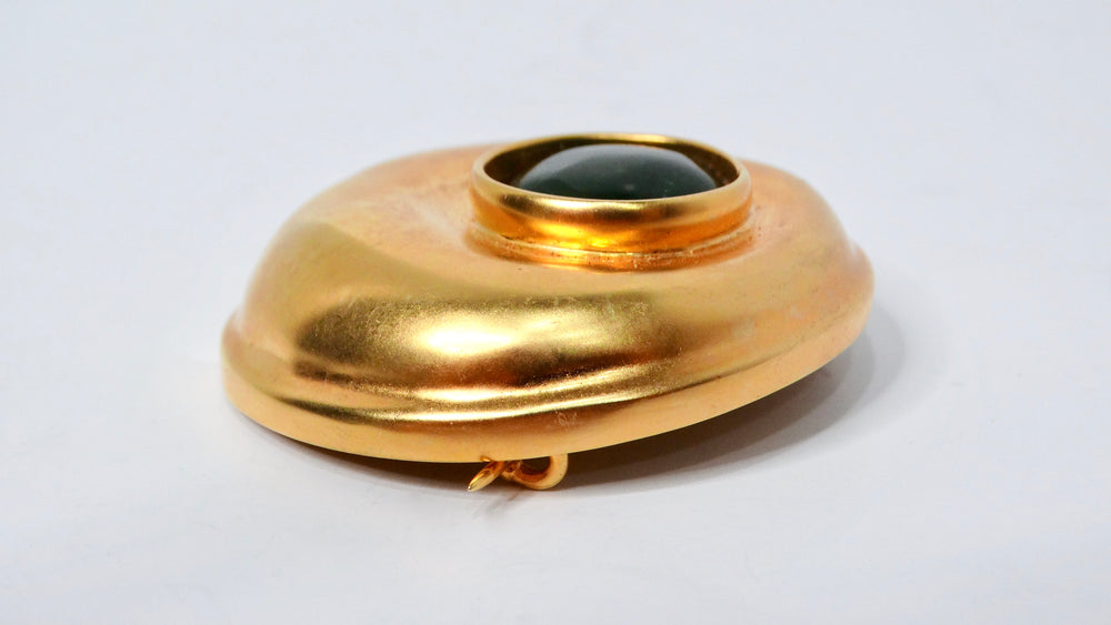 1980s Large Green Cabochon Gold Tone Brooch