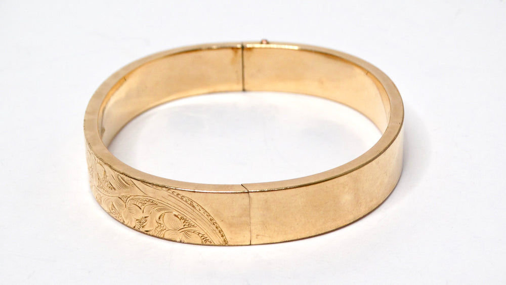 1940s Floral Print Engraved MS & S 14k Gold Shell Bangle