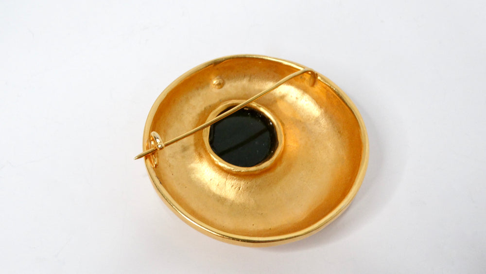 1980s Large Green Cabochon Gold Tone Brooch