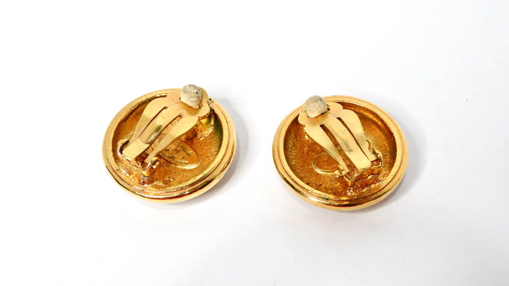 Vintage Chanel Gold Tone Etched Interlocking CC Logo Clip-On Earrings