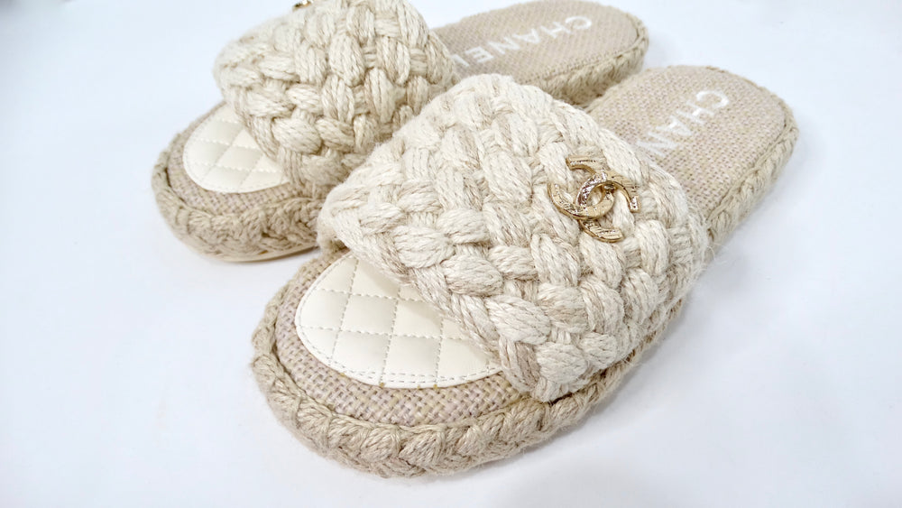 Chanel Beige Braided Cord Slide Sandals