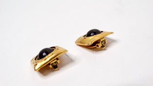 1980s Square Red Cabochon Gold Tone Clip-On Earrings