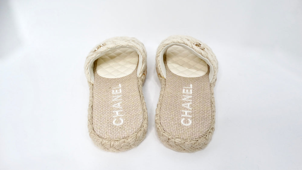 Chanel Beige Braided Cord Slide Sandals