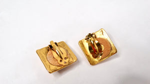 1980s Square Red Cabochon Gold Tone Clip-On Earrings