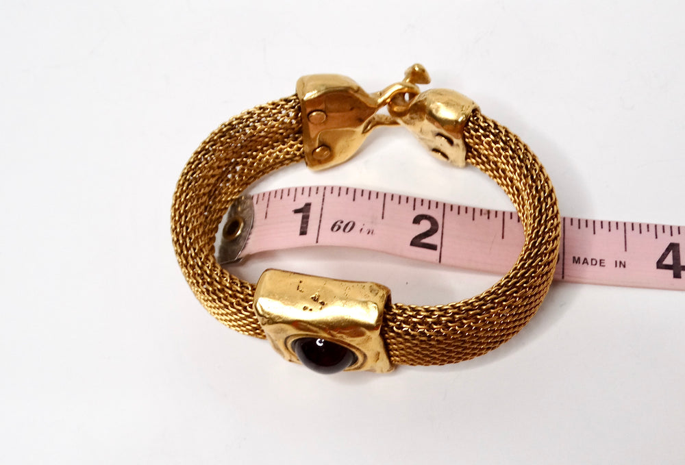 1980s Red Cabochon Gold Tone Garnet Mesh Bracelet