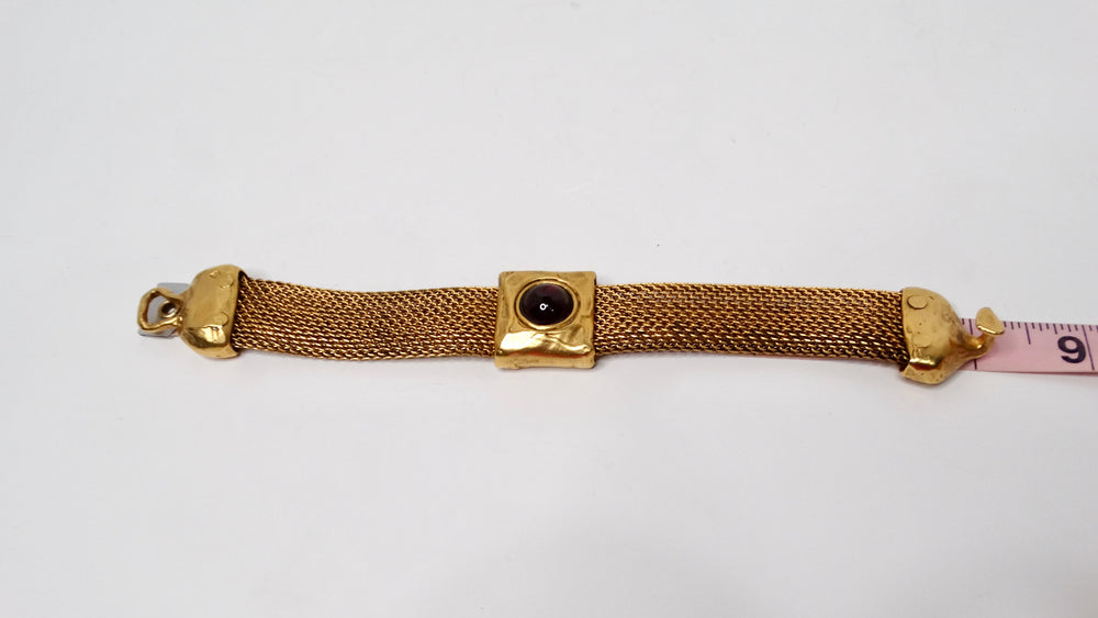 1980s Red Cabochon Gold Tone Garnet Mesh Bracelet