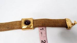1980s Red Cabochon Gold Tone Garnet Mesh Bracelet