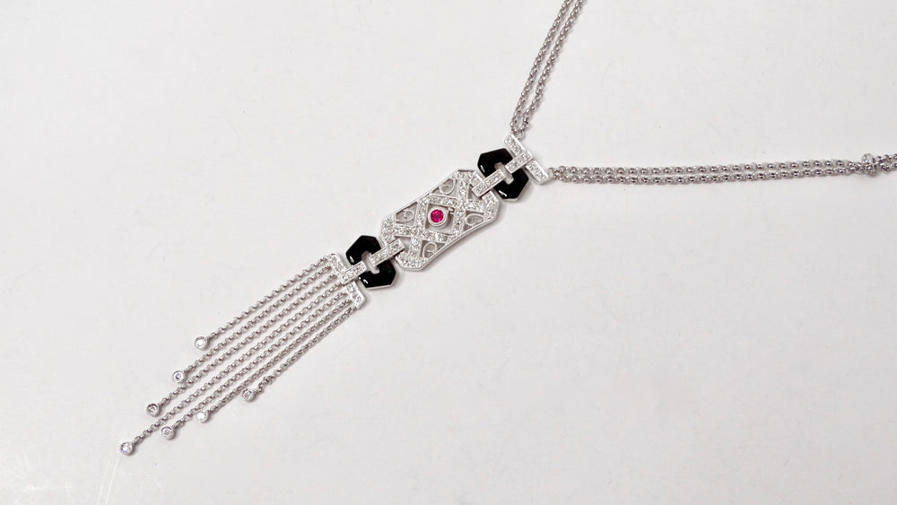 14k White Gold Diamond, Ruby & Onyx Double Drop Chain Pendant Necklace