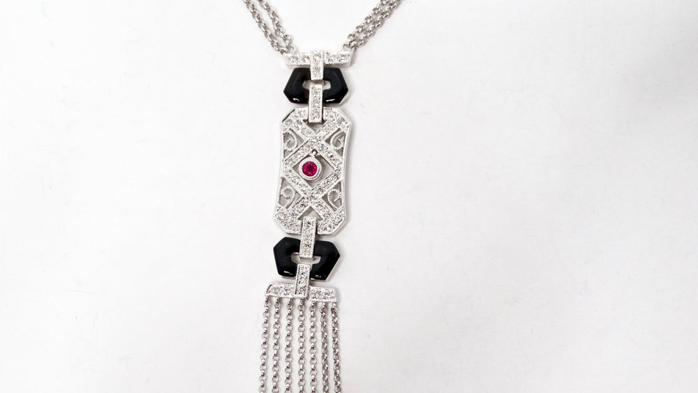 14k White Gold Diamond, Ruby & Onyx Double Drop Chain Pendant Necklace