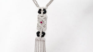 14k White Gold Diamond, Ruby & Onyx Double Drop Chain Pendant Necklace