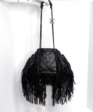 Chanel 2014 Paris-Dallas Black Quilted Lambskin Drawstring Fringe Bucket Bag