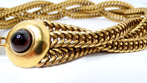 1980s Red Cabochon Gold Tone Multi Chain Woven Choker Necklace