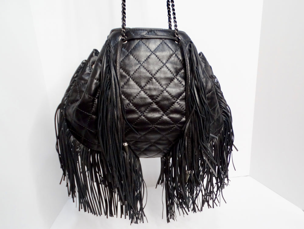 Chanel 2014 Paris-Dallas Black Quilted Lambskin Drawstring Fringe Bucket Bag