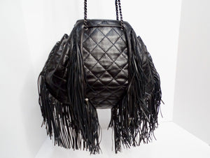 Chanel 2014 Paris-Dallas Black Quilted Lambskin Drawstring Fringe Bucket Bag