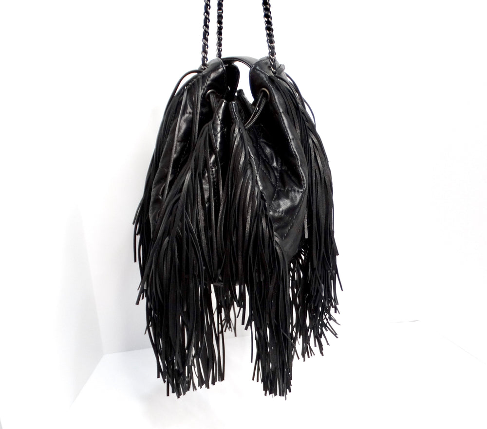 Chanel 2014 Paris-Dallas Black Quilted Lambskin Drawstring Fringe Bucket Bag