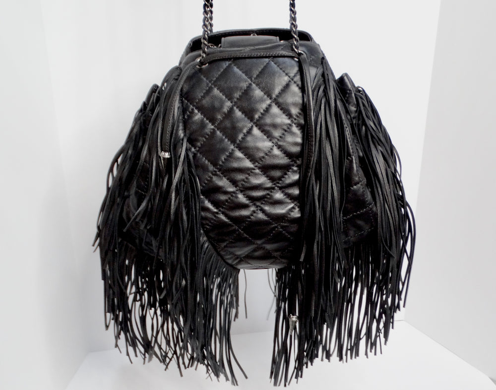 Chanel 2014 Paris-Dallas Black Quilted Lambskin Drawstring Fringe Bucket Bag