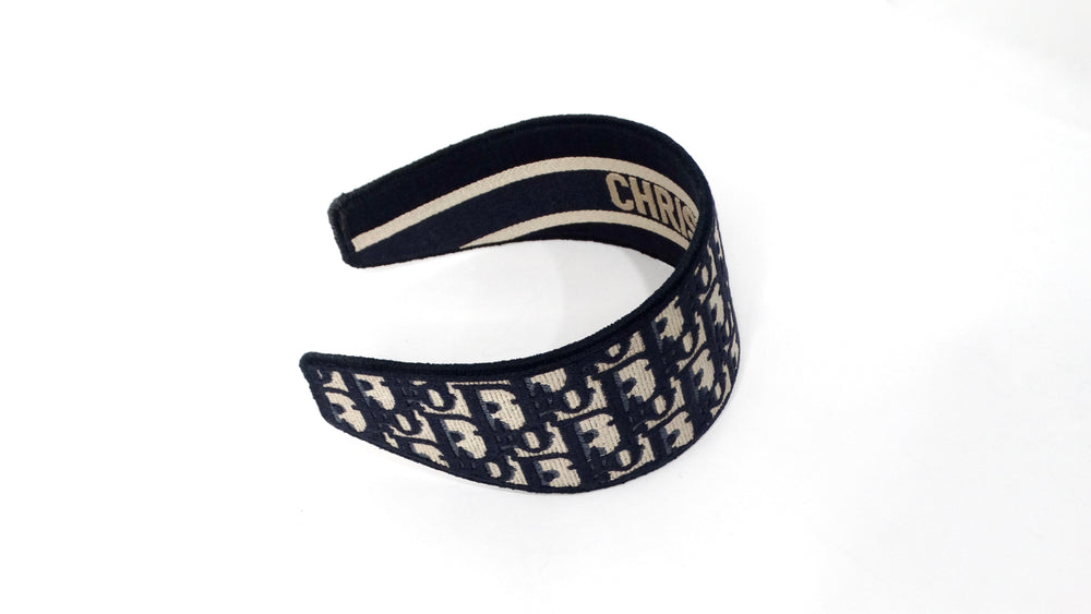 Christian Dior Oblique Jacquard Navy Blue & Tan Wide Structured Headband