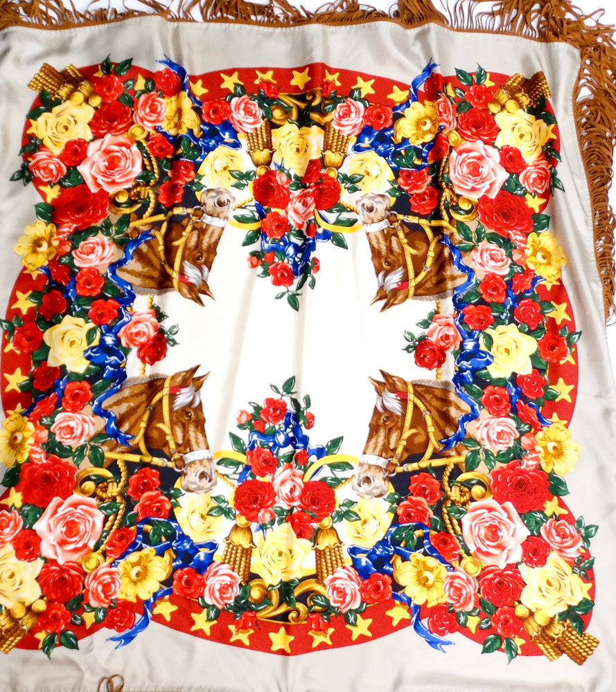 Silk Printed Horse & Flowers Motif Fringe Scarf