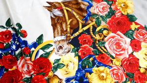 Silk Printed Horse & Flowers Motif Fringe Scarf