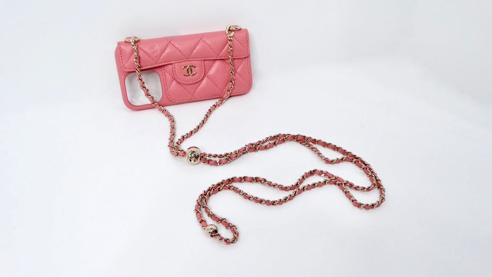 Chanel iPhone 12 Pro Pink Caviar Leather Phone Case With Chain