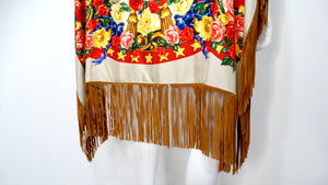 Silk Printed Horse & Flowers Motif Fringe Scarf