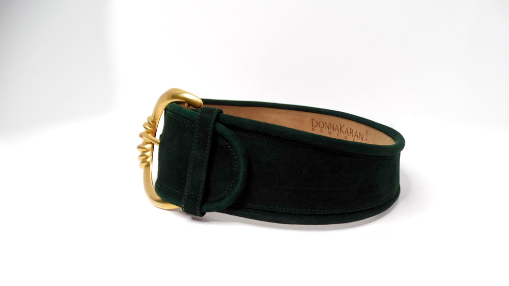 1980s Donna Karan Dark Green Suede Leather Chunk Waist Belt