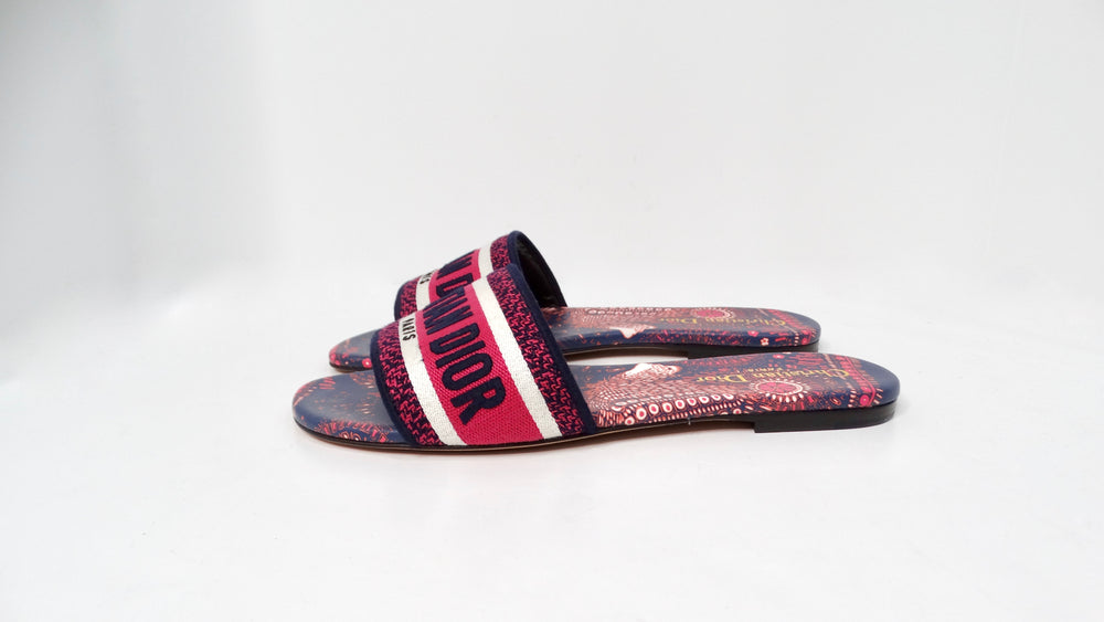 Christian Dior Dway Navy Blue & Pink Printed Canvas Slides