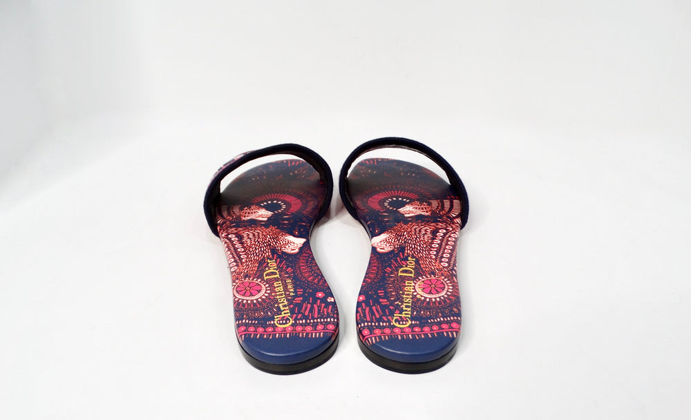 Christian Dior Dway Navy Blue & Pink Printed Canvas Slides