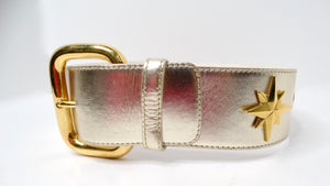 Vintage Escada Champagne Metallic Gold Star Charm Leather Waist Belt