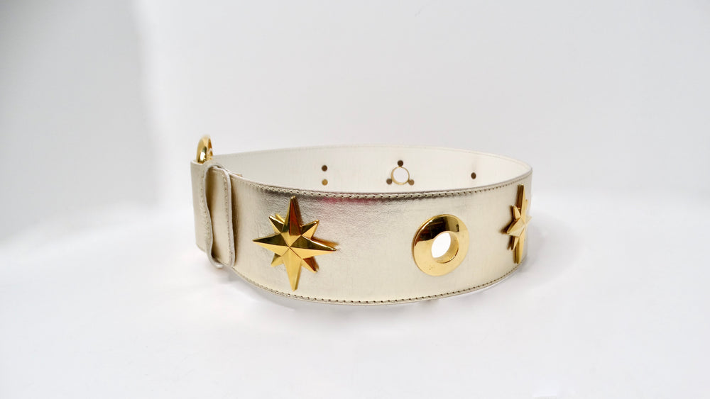 Vintage Escada Champagne Metallic Gold Star Charm Leather Waist Belt