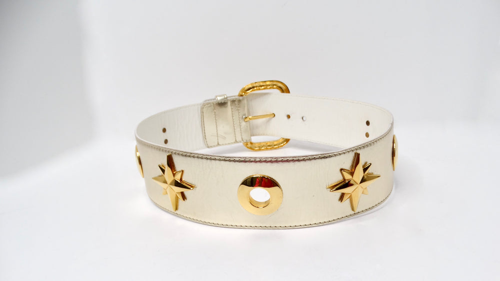 Vintage Escada Champagne Metallic Gold Star Charm Leather Waist Belt