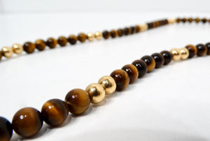 1980s Tiger's Eye and 14k Yellow Gold Beaded Necklace