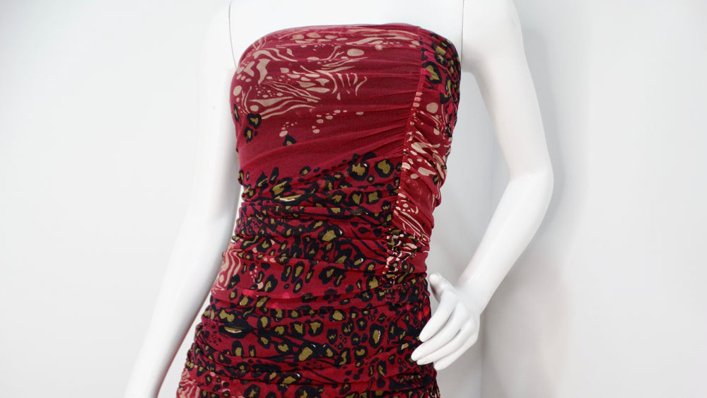 Fuzzi 1990s Burgundy Animal Print Mesh Strapless Midi Dress Vintage by Misty Fuzzi 1990s Burgundy Animal Print Mesh Strapless Midi Dress Vintage by Misty