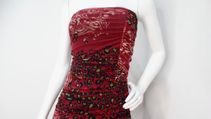 Fuzzi 1990s Burgundy Animal Print Mesh Strapless Midi Dress