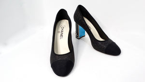 Chanel Black Glitter Grosgrain Cap Toe Logo Pumps With Mirrored Heels