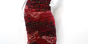 Fuzzi 1990s Burgundy Animal Print Mesh Strapless Midi Dress