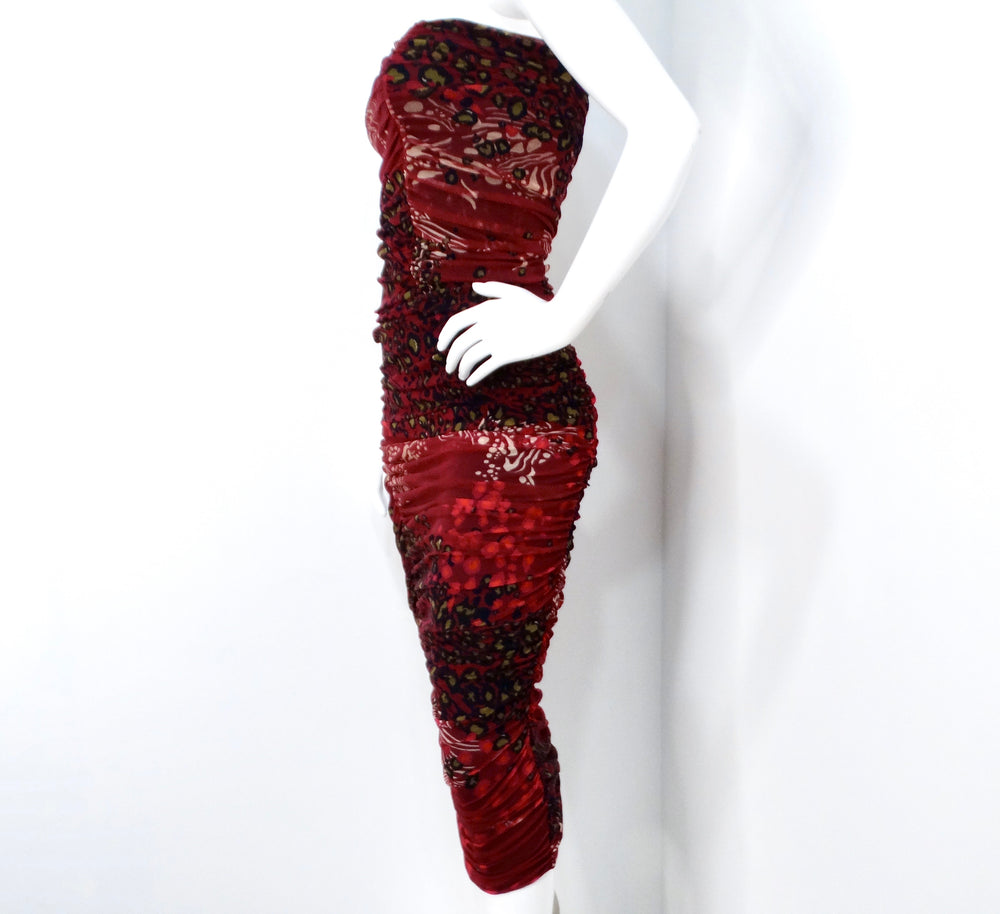 fuzzi red dress Leopard Print Dress/ Fuzzi /Italy/Sheer Mesh Stretchy Vamp/ Red Burnout /Goth glamor