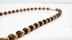 1980s Tiger's Eye and 14k Yellow Gold Long Beaded Necklace