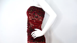 Fuzzi 1990s Burgundy Animal Print Mesh Strapless Midi Dress