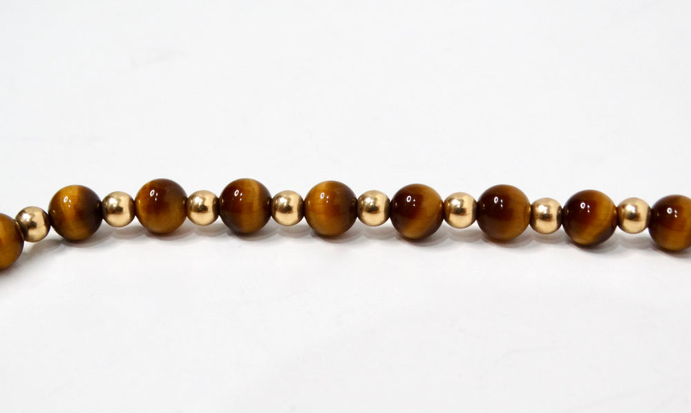 1980s Tiger's Eye and 14k Yellow Gold Long Beaded Necklace